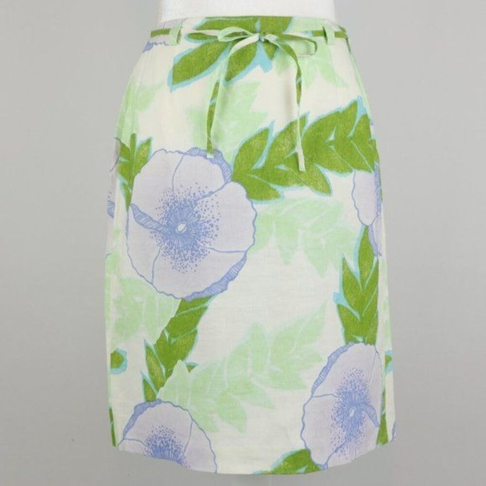 Ann Taylor LOFT Women's Size 4 Green Purple Floral 100% Linen Pencil Skirt